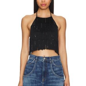 NBD Brynne Black Fringe Halter Top